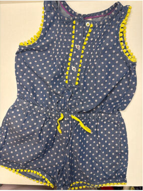 Toddler Girls Mini Boden Blue Polka Dot Romper with Yellow Trim 18-24 Months